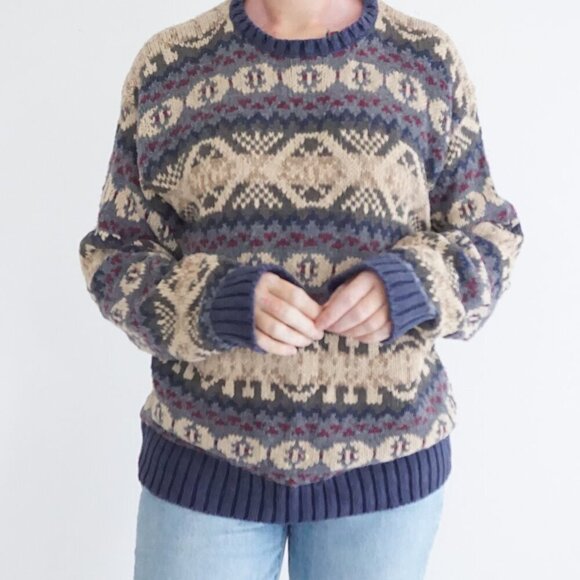 Vintage American Eagle Outfitters Taupe Blue Knit Eclectic Grandpa Crewneck M - Picture 2 of 10